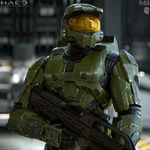 A close front view cinematic render of John-117.