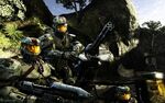 Three SPARTANs in Halo Wars riding a Warthog with a four barreled LAAG.