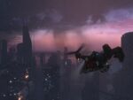 Noble Six's UH-144 Falcon over the damaged city.