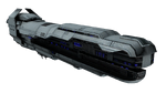 Low quality render of the Strident-class frigate in the backdrop of the mission Midnight.