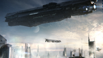 The UNSC Infinity hovers over an unknown human city .