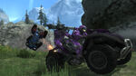 Two purple Spartans driving a mongoose in Forge World.