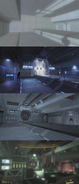 A compilation of images showing the creation process of a room in the data center, from early concepts to the final game.