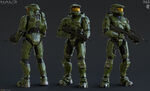 A front, back, and side view cinematic render of John-117 in the Halo 2: Anniversary's cutscene.