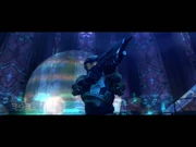 The Master Chief aiming his Assault Rifle at the Monitor