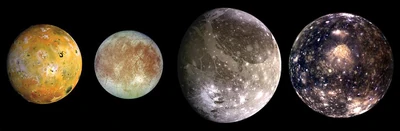 Le lune di Giove nell'anno 2000; da sinistra a destra, in ordine di distanza crescente da Giove: Io, Europa, Ganimede e Callisto 