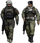 Concept art of an Army trooper (left) and a military policeman (right) in Halo: Reach.