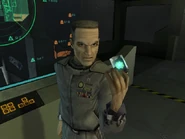 Captain Jacob Keyes holding a data crystal chip in Halo: Combat Evolved.