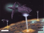 The back cover of Halo Wars: Genesis depicting three Covenant destroyers glassing Harvest.