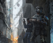 A Shock Trooper and a police officer escort civilians out of a warzone.