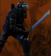 Simon often used a carbon-alloy machete in combat, wielding it to lethal effect in close quarters.