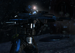 An ODST wielding a specially-configured BR55 rifle, equipped with a suppressor and an underbarrel flashlight.