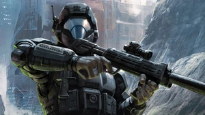 Daniel-A274, clad in a ODST BDU, in combat action on the ruined world of Mamore.