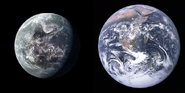 A side-by-side comparison of Earth's and New Liberty's sizes.