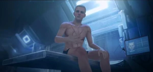 Сэм-034 осматривает своё тело сразу после процедур улучшения.