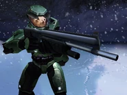 Рекламное изображение ранней сборки Halo: Combat Evolved с Джоном-117 и дробовиком M90.