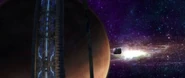 Порог с Установкой 04 и спасательной капсулой Джона-117 на переднем плане, спускающейся к кольцу; вдалеке видна галактика Млечный Путь.