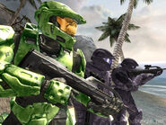 Раннее изображение Halo 2 с двумя десантниками и Мастером Чифом.