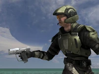 Морпех, вооружённый пистолетом M6G в Halo 3.