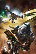Рамка-ускоритель Торна преследует рейнджера-сангхейли на обложке Halo: Escalation #5.