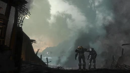 Спартанец-Б312 и Джордж-052 наблюдают за тонущим корветом Ковенанта, сбитым выстрелом с орбиты.