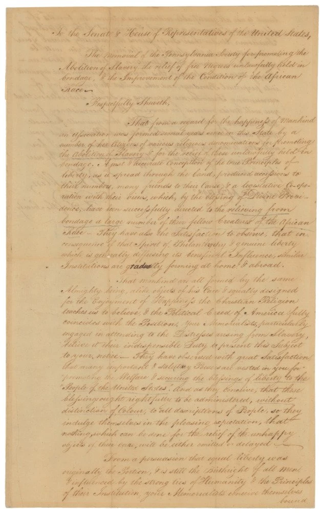 Petition from the Pennsylvania Society for the Abolition of Slavery