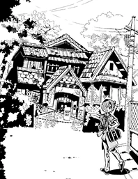 Mitsuba poses in front of the Red House