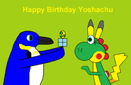 Terry giving a present to Yoshachu
