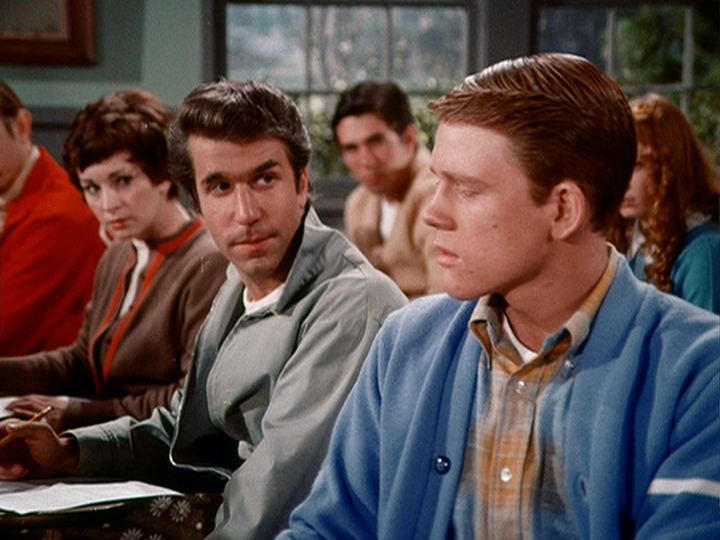 Fonzie Drops In is the seventh episode of the first season of Happy Days. 