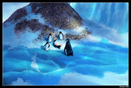 Mumble and the three adélie penguins trying to have a problem with Lovelace by Anton Vill