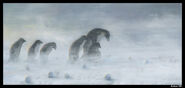 Concept art of Mumble with Lovelace and the 4 unnamed amigos in a snowstorm by Anton Vill
