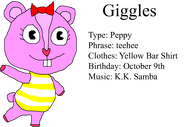 Giggles's profile in Animal Crossing: New Villagers World, a mod by acnewvillagersworld. Due to the game lacking chipmunk-based villagers, she is modded over a cub villager.