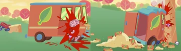 Toothy's body disappears from the front of the truck, and yet his hand is somehow seen sticking out. Without him seen it just makes the episode end atrociously.