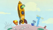 The rocket Sniffles' fashioned from a School Bus, and a palm tree.