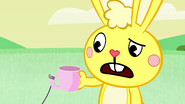 Two goofs here: 1. Cuddles looks into the mug, but doesn't notice the coffee inside. 2. Coffee is hot, so how could Cuddles not feel the heat on the cup?