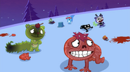 The Happy Tree Friends acknowledging Toothy's singing, except for Flippy, who's still killing that Generic Tree Friend. Also, behind Flaky is Handy's other leg.