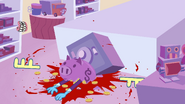 Crushed by a bookshelf and a Piggy Bank which makes his face explode.