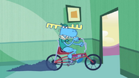 Lumpy uses a bike indoors.