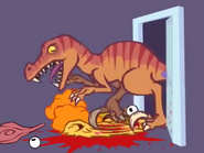 The dinosaur kills Disco Bear.