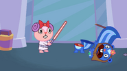 Giggles slices Petunia in half with a lightsaber.