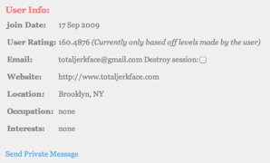 Jim's old user info where the user rating and the link to send him a message was present.