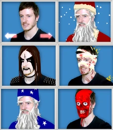 Jim's five Total Jerkface heads (the top left head is the base image costumes are put on). Santa's costume can only be seen in December.