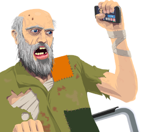 The current render of Wheelchair Guy wielding a smart phone containing the mobile version of the game.