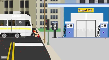 Crashing into a gas station.