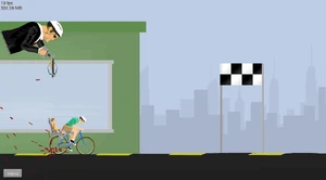 Evil Segway Guy attacking with an arrow gun, while also approaching the finish line.