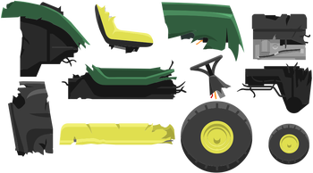 The lawnmower's broken parts.