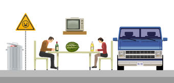 Two  sitting around some miscellaneous items.