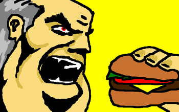 A fat man eating a burger.