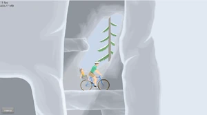 The elevator with rock formations protruding from the walls.