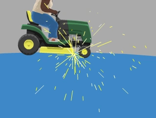 The lawnmower will spark when hitting a non fixed solid object.